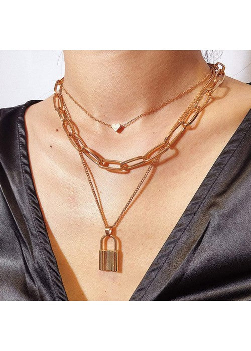Trendy Layered Necklace Set with Lock-Inspired Design, Featuring Gold Plating