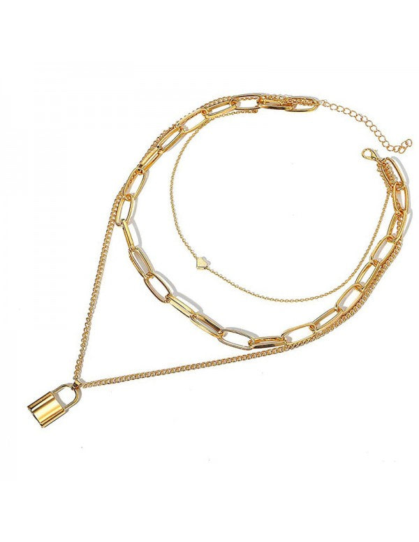 Trendy Layered Necklace Set with Lock-Inspired Design, Featuring Gold Plating