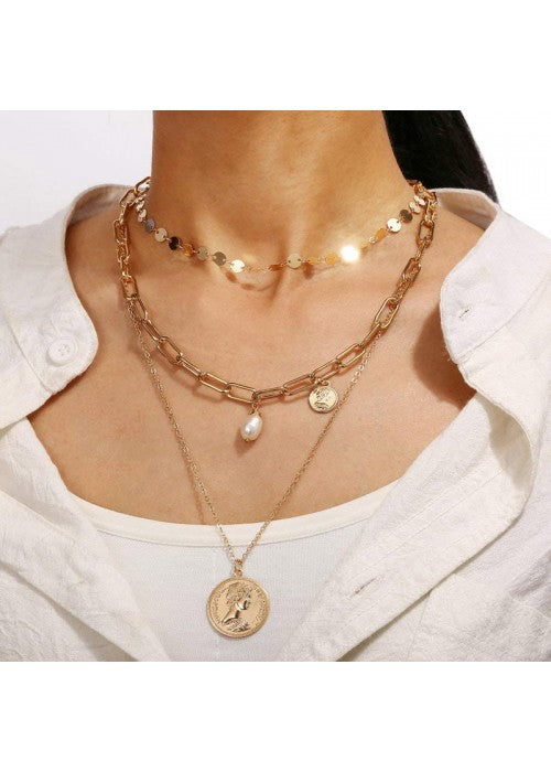 Gold Plated Trending Coin Inspired Layered Necklace Set