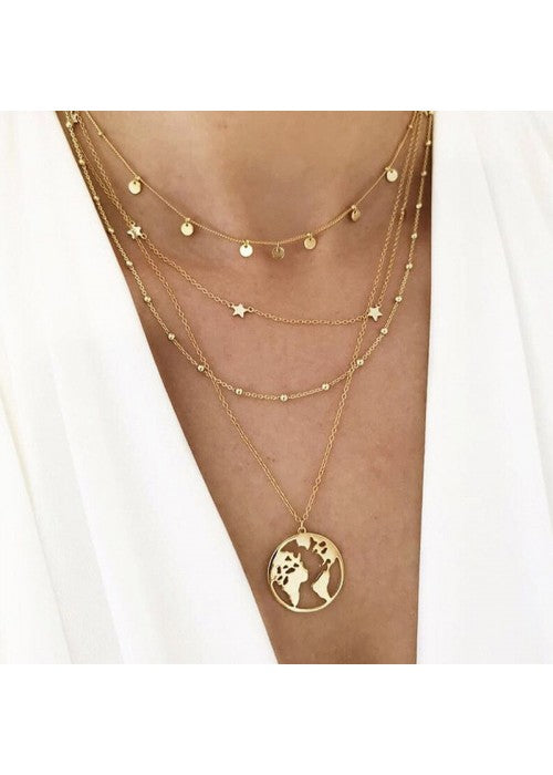 Gold Plated Trending Globe Inspired Layered Necklace Set