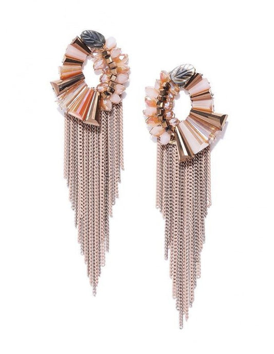 Beige Rose Gold-Plated Handcrafted Tasseled Contemporary Drop Earrings